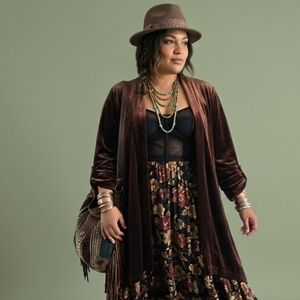 Jon Den,Rich Chocolate Brown Velvet Look (High-Low)Vintage Cardigan,Y2K Boho ,2X